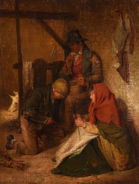 Interior Of A Barn With Three Figures Oil Painting by Nicol Erskine