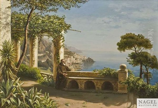 Monch Auf Der Terrasse Des Kapuzinerklosters, Im Hintergrund Die Bucht Von Amalfi Oil Painting by Marie Ertl