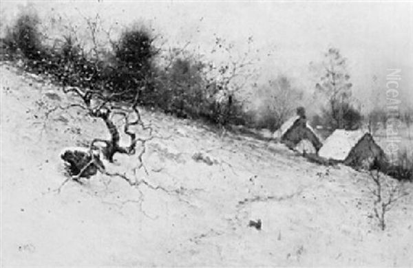 Hound Chasing Hare In Winter Landscape Oil Painting by Edward Frederick Ertz