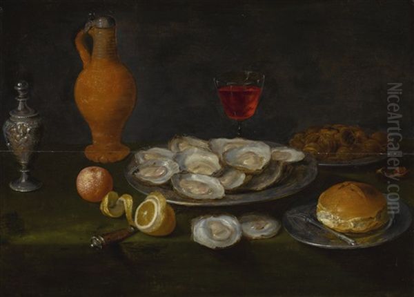 A Still Life With Oysters, Chestnuts, All On Pewter Plates, Together With A Peeled Lemon, An Orange And Other Items On A Table Oil Painting by Jacob Foppens van Es (Essen)