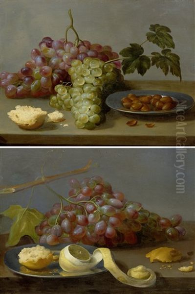 Pair Of Works: Still Life With Grapes And Hazel Nuts On A Table/still Life With Grapes, A Lemon And Bread On A Table Oil Painting by Jacob Foppens van Es (Essen)