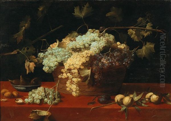 A Still Life With Grapes In A Basket Oil Painting by Jacob Foppens van Es (Essen)