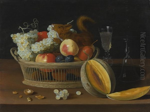 Still Life With A Basket Of Fruit And A Squirrel, Glasses, And A Cut Melon On A Tabletop Oil Painting by Jacob Foppens van Es (Essen)