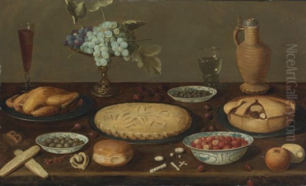 Still Life With Meat Pies, A Roast Fowl, Olives, Capers And Strawberries In Blue And White Porcelain Bowls, A Tazza With Grapes, A Roemer Filled With Wine, A Ceramic Jug And Other Items, All On A Wood Table Oil Painting by Jacob Foppens van Es (Essen)