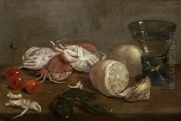 Still Life Of Crabs, Lemons, Cherries And A Wineglass On A Wooden Table Oil Painting by Jacob Foppens van Es (Essen)