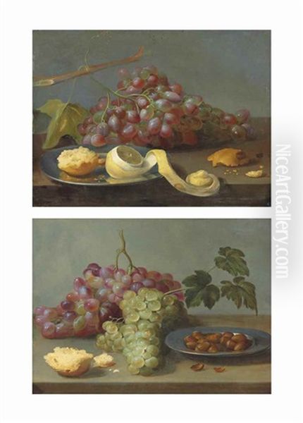 Grapes With A Peeled Lemon And Bread On A Pewter Plate, On A Ledge; And Grapes With Bread And Hazelnuts On A Pewter Plate, Both On A Ledge Oil Painting by Jacob Fopsen van Es