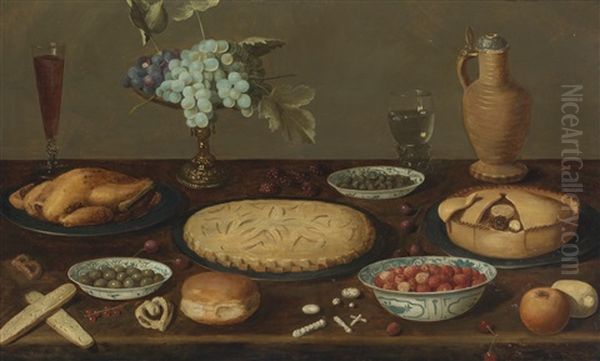 Still Life With Meat Pies, A Roast Fowl, Olives, Capers And Strawberries In Blue And White Porcelain Bowls, A Tazza With Grapes, A Roemer Filled With Wine, A Ceramic Jug And Other Items, All On A Wood Table Oil Painting by Jacob Fopsen van Es