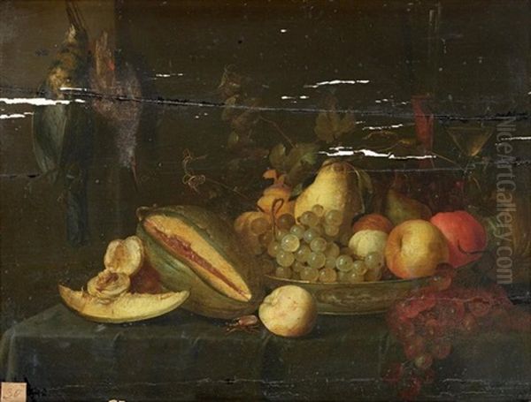 Nature Morte Au Melon D'eau Et Coupe De Fruits Sur Un Entablement Oil Painting by Jacob Fopsen van Es