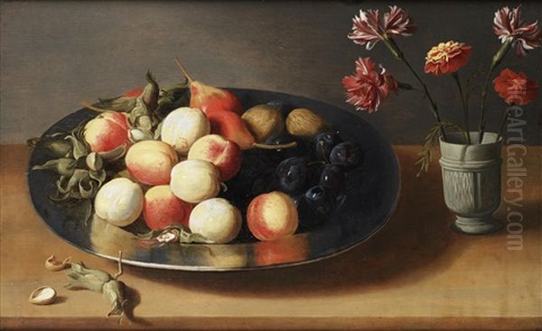 Peaches, Pears, Nuts And A Vase Of Carnations On A Table Top Oil Painting by Jacob Fopsen van Es