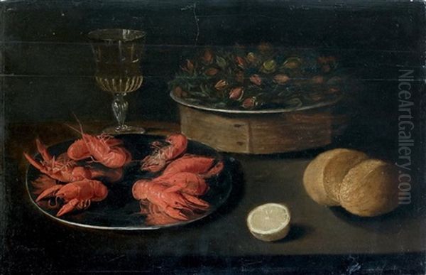 Nature Morte Avec Ecrevisses, Noisettes, Pain, Vin Et Citron Oil Painting by Jacob Fopsen van Es