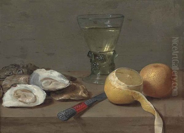 Oysters, A Roemer, A Partly Peeled Lemon, An Orange And A Knife On A Stone Ledge Oil Painting by Jacob Fopsen van Es