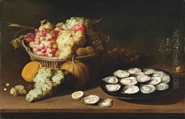 Oysters On A Pewter Platter With Grapes And Walnuts In A Wicker-basket, On A Wooden Table Oil Painting by Jacob Fopsen van Es