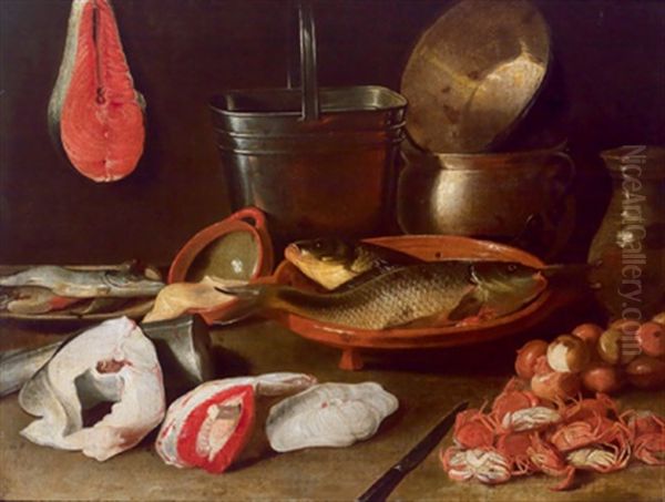 Stillleben Mit Kuchengeschirr Und Fischen Sowie Meereskrebsen Oil Painting by Jacob Fopsen van Es