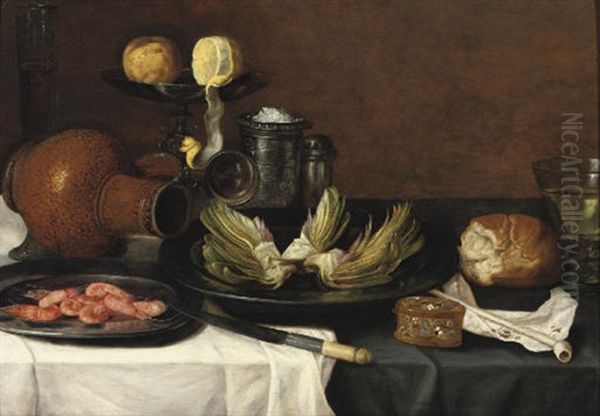 Artichokes And Shrimps On Pewter Plates, A Jug, A Knife, A Peeled Lemon And An Orange On A Tazza Oil Painting by Jacob Fopsen van Es