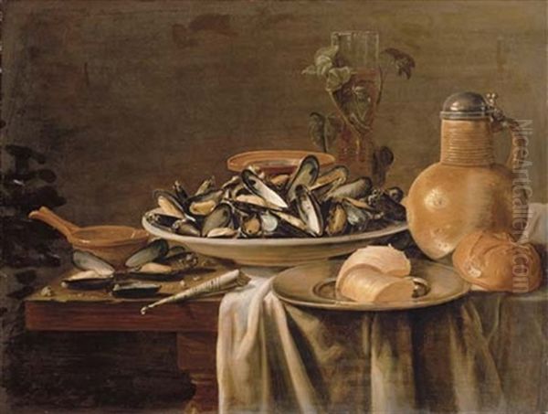 Mussels In A Porcelain Bowl, A Stoneware Flagon, A Roemer And A Bread Roll On A Partially-draped Table Oil Painting by Jacob Fopsen van Es