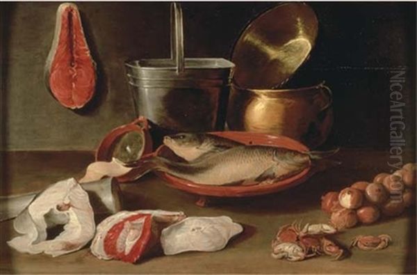 Bream In A Stoneware Bowl With Onions, Crabs, Fish Filets, A Bucket And Copper Pots On A Ledge Oil Painting by Jacob Fopsen van Es