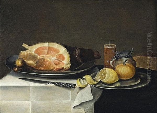 Still Life With A Leg Of Ham On A Pewter Plate Together With A Lemon And Apple And A Glass Of Ale Oil Painting by Jacob Fopsen van Es