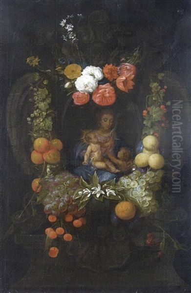 Guirlande De Fleurs Et De Fruits Entourant La Vierge A L'enfant Avec Saint Jean-baptiste Oil Painting by Jacob Fopsen van Es