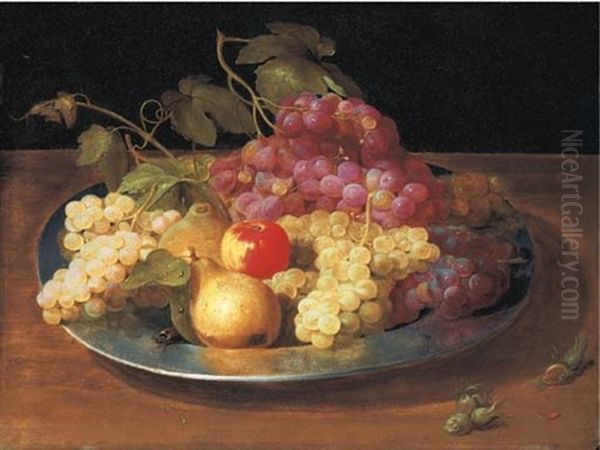 Grapes, An Apple And Pears With A Beetle In A Pewter Bowl On A Ledge With Rosebuds Oil Painting by Jacob Fopsen van Es