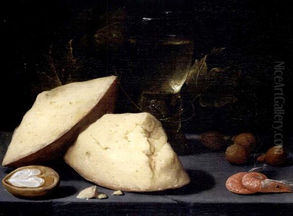 Still Life Of Cheese, A Roemer Of Wine, A Walnut, Hazelnuts And Two Shrimps On A Table-top Oil Painting by Jacob Fopsen van Es