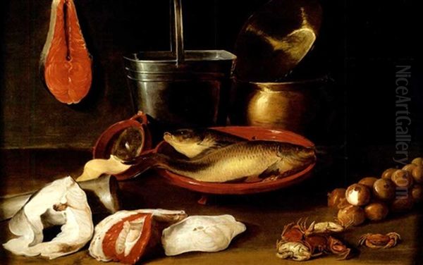 Bream In A Stoneware Bowl With Onions, Crabs, Fish Filets, A Bucket And Copper Pots On A Ledge Oil Painting by Jacob Fopsen van Es