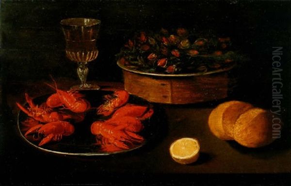 Des Ecrevisses Dans Une Assiette En Etain, Un Verre De Vin, Des Noisettes Dans Un Plat, Un Citron Et Du Pain Sur Un Entablement En Bois Oil Painting by Jacob Fopsen van Es