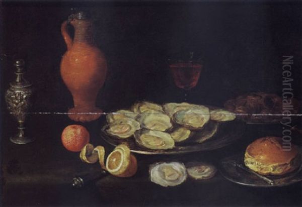 A Still Life With Oysters, Chestnuts, And A Roll Together With A Fork, All On Pewter Plates, A Peeled Lemon, An Orange And Other Items On A Draped Table Oil Painting by Jacob Fopsen van Es