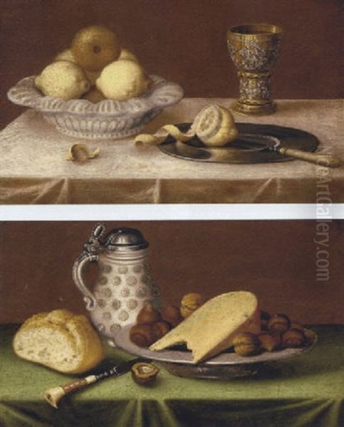 Lemons In An Earthenware Dish, A Silver Gilt Goblet, A Pewter Plate On A Draped Table Oil Painting by Jacob Fopsen van Es