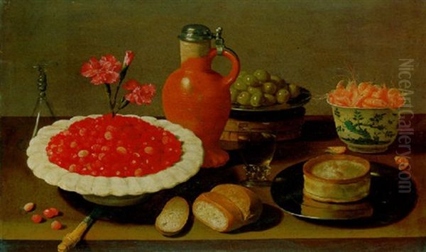 Wild Strawberries In A Porcelain Bowl With Carnations, A Stoneware Flagon, A Roemer With Other Objects On A Wooden Ledge Oil Painting by Jacob Fopsen van Es