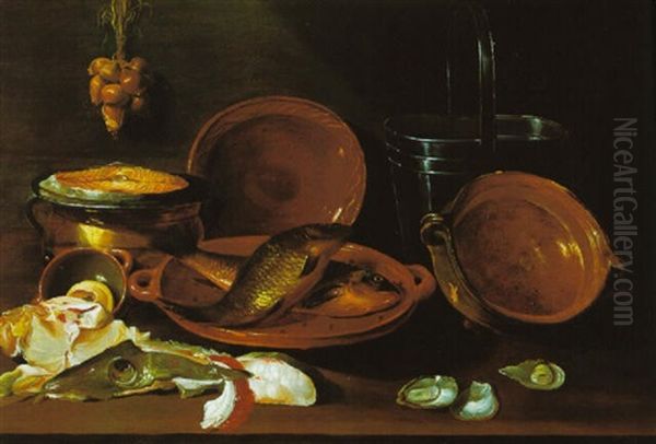 Stilleben Mit Fischen, Austern, Zwiebeln Und Kuchengeschirr Oil Painting by Jacob Fopsen van Es