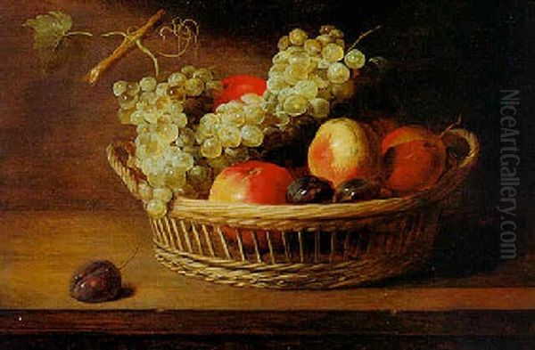 Fruchte In Einem Flechtkorb Auf Einem Holztisch Oil Painting by Jacob Fopsen van Es