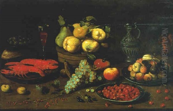 Lobsters On A Plate, Fruit On A Box And On Plates, A Wineglass And A Squirrel On A Table Oil Painting by Jacob Fopsen van Es