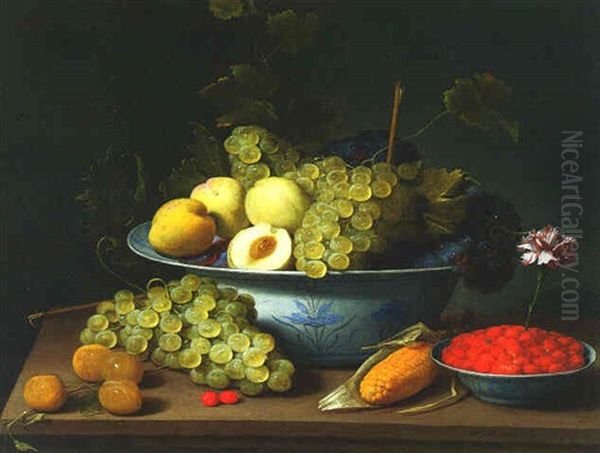 Still Life Of Fruits And Leaves And Strawberries And A Carnation In Wanli-kraak Bowls With Other Fruits And An Ear Of Corn On A Table Oil Painting by Jacob Fopsen van Es