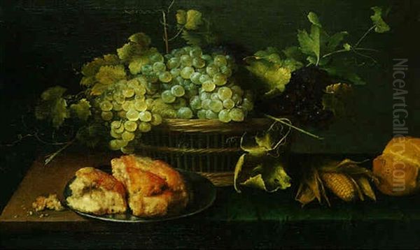 Nature Morte A La Corbeille De Raisins, Miches De Pain Et Epis De Mais Sur Un Entablement Oil Painting by Jacob Fopsen van Es