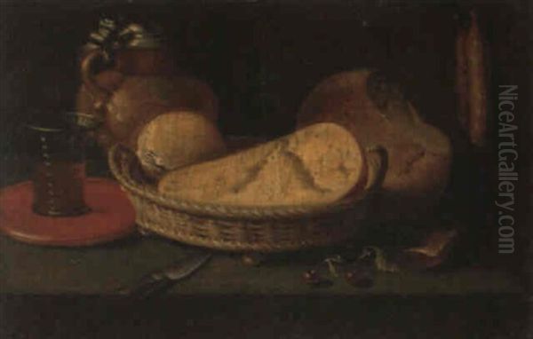 Nature Morte Au Verre De Vin, Fromage Et Miche De Pain Oil Painting by Jacob Fopsen van Es