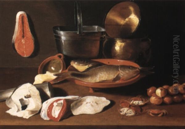 Still Life Of Fish, Earthenware Bowls, Copper Pots, A Bucket And Onions Oil Painting by Jacob Fopsen van Es