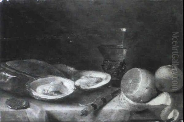 Still Life With Peeled Lemon, Oysters And A Roemer On A Ledge Oil Painting by Jacob Fopsen van Es