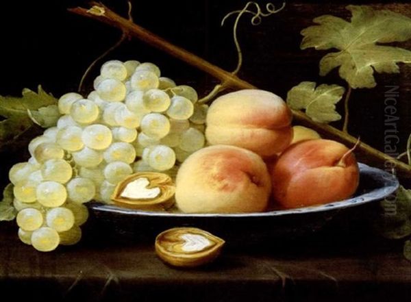 Nature Morte Aux Peches, Raisins Et Noix Sur Un Entablement Oil Painting by Jacob Fopsen van Es