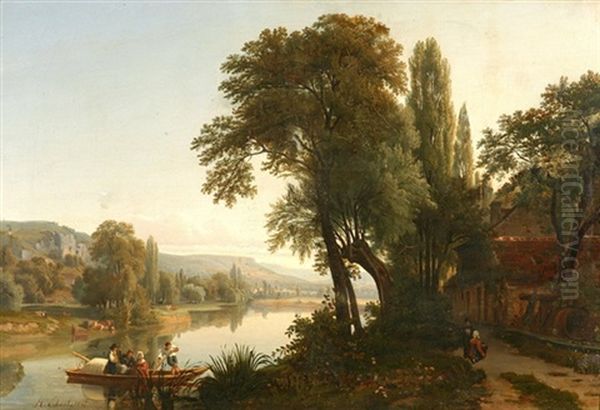 Flusslandschaft Mit Ruderboot, Tier- Und Figurenstaffage Oil Painting by Raymond-Noel Esbrat