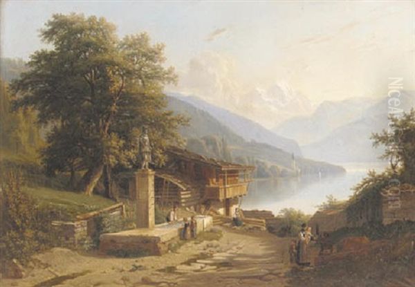 Figures By A Chalet Overlooking A Lake Oil Painting by Raymond-Noel Esbrat