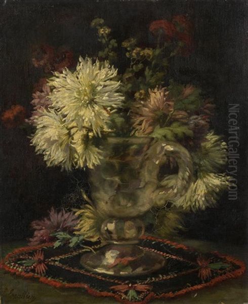 Vase De Chrysanthemes Sur Un Napperon Brode Oil Painting by Eleonore Escallier