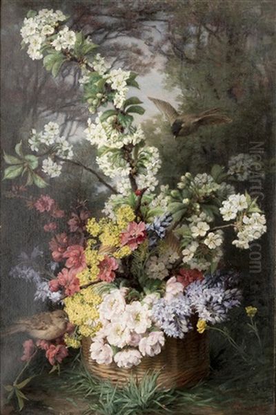 'arrangement Floral Printanier Dans Un Panier Pose Dans Un Paysage Avec Oiseaux' by Eleonore Escallier