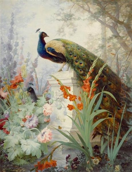 Stilleben Mit Blumen Und Pfau Oil Painting by Eleonore Escallier