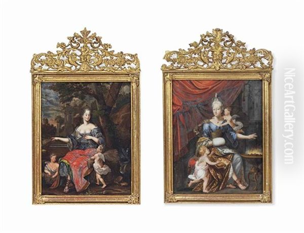 Portrait Of A Lady With Putti: Summer, Winter (pair) Oil Painting by Joan Petrus von Esch