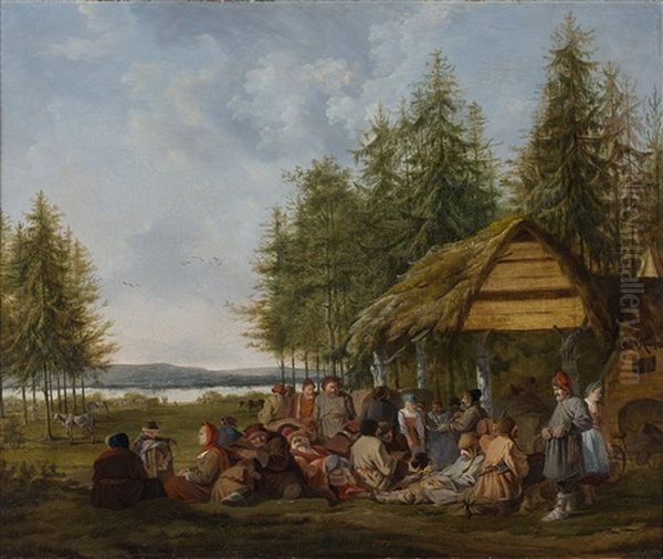 Paysans Russes Devant Une Isba Oil Painting by Charles Eschard