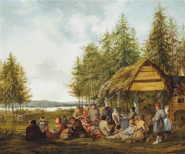 A Wooded River Landscape With Russian Peasants Resting Oil Painting by Charles Eschard