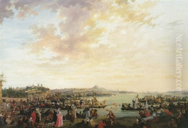 Vue De Marseille - Joute Et Fete Sur L'eau Oil Painting by Charles Eschard