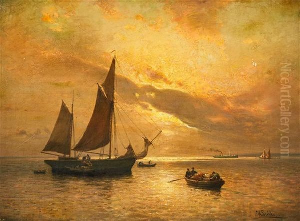 Ships At Sunset Oil Painting by Hermann Eschke