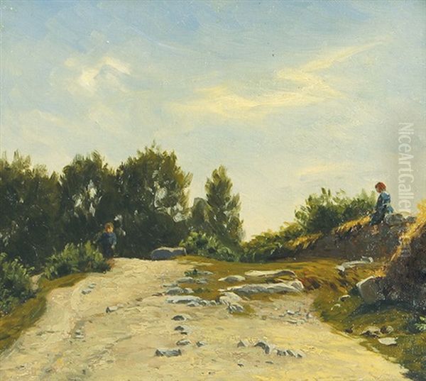 Bretonische Landschaft Einem Jungen Und Auf Einer Mauer Sitzendem Madchen Oil Painting by Hermann Eschke