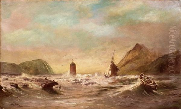 Coastal Scene With Fishing Boat And Rowing Boat To Foreground In Choppy Seas by Hermann Eschke